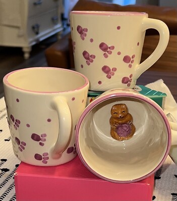 Lot of 3 Cat Mug Coffee Cup Surprise Kitty Hidden Inside Paw Prints Kitten Yarn