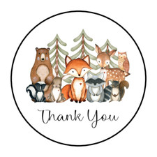 30 1.5" THANK YOU WOODLAND ANIMALS, THANK YOU LABELS /SEALS ROUND STICKERS
