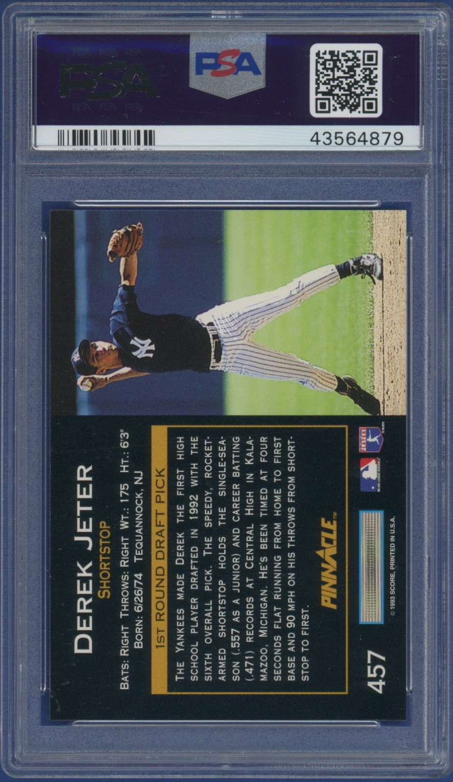 1993 Pinnacle #457 Derek Jeter PSA 9 Yankees RC view 2