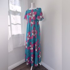 Vonda Aqua & Pink Tropical Floral Print Elastic Waist Short Sleeve Maxi Dress
