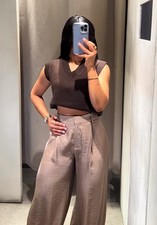 ZARA HIGH WAIST BELTED SATIN WIDE LEG PANTS SZ S BROWN / TAUPE 9037/556/737