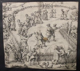 DANCE AT VILLAGE FESTIVAL 1530ca HOPFER UNUSUAL ANTIQUE COPPER ENGRAVED PRINT