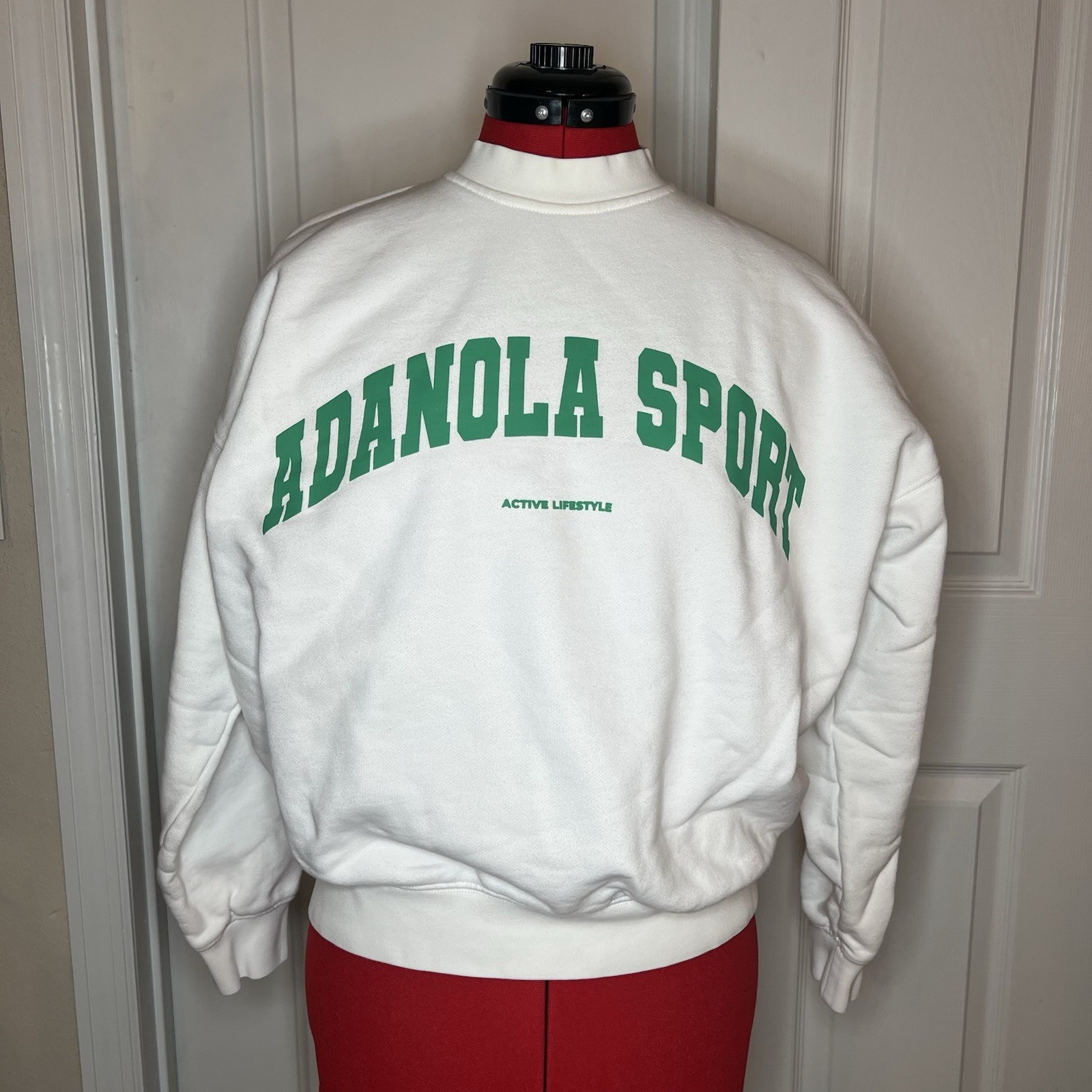 Adanola Crewneck Pullover Sweatshirt 100% Cotton White Green Writing Women XS