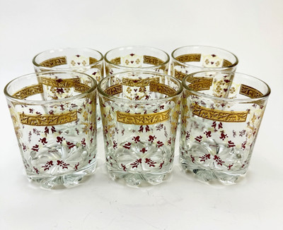 Set 6 VTG Cerve Italian Gold Banded Purple Floral Rock Glasses Highball Barware