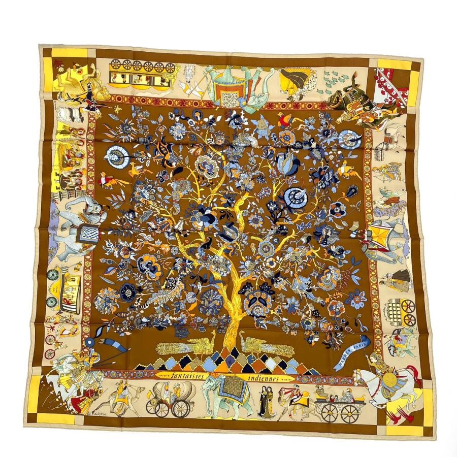 Hermes Carre90 Fantaisies Indiennes Brown Silk Scarf 100 Women Made In France