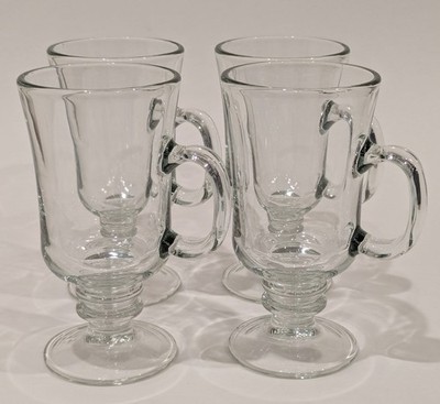 Set of 4 LIBBEY Irish Glass Mugs Cups, Footed Pedestal Pressed Glass 8 oz 5.75''T