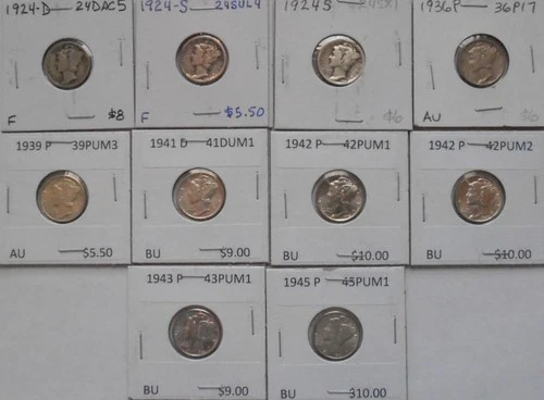 Ten Mercury Silver Dimes, Mostly AU/BU, Bidding starts at MELT price