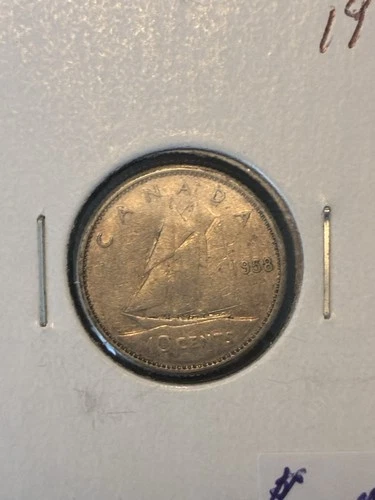 1958 Canada Silver Dime 10 Cents Elizabeth II .800 Fine Bluenose Coin VF 30
