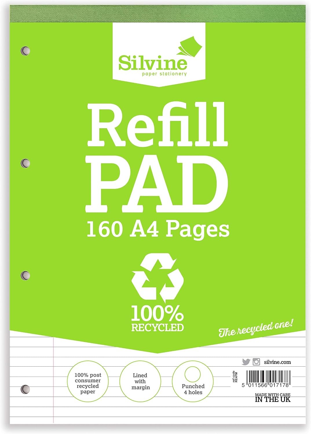 Silvine 160 Page A4 Everyday Recycled Refill Pad, Ruled 8mm Feint with Margin [