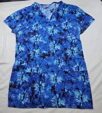 B Scrub Top Womens Size Small Blue Floral Elastic Back Pit To Pit 17in V-neck