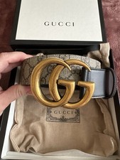 Gucci GG Marmont Cavas/ Leather Belt 115/46 Beige And Ebony