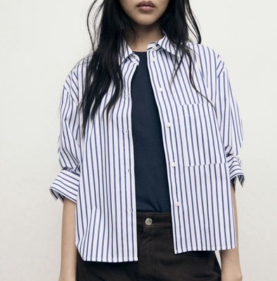 MNG by Mango Shirt Striped Cropped White Blue Button Down Size L NWT Minimalist