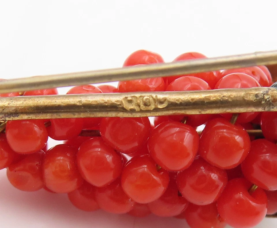 Broche vintage de plata de ley 925 con diseño de racimo de uva coral rojo BP12022 Foto 4 de 4