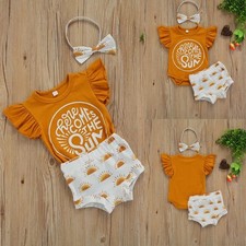 3Pcs Set Newborn Baby Girl Clothes Romper Bodysuit Floral Shorts Headband Outfit