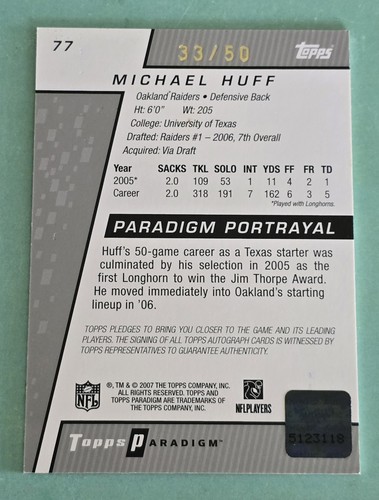 2006 Topps Paradigm Portrayal MICHAEL HUFF Rookie Auto Gold #/50 Raiders RC #77 - Picture 2 of 2