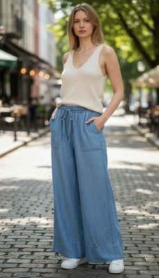 Knox Rose Light Blue Wide-Leg Chambray Jeans Womens XL High Rise