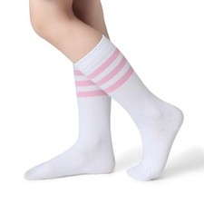 Boys Girls Over the Calf Striped Tube Socks Cotton Soft Large C06-pink/White