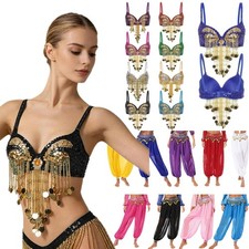 US Womens Belly Dance Tops/Pant Shiny Beaded Tassels Stage Performance Costume