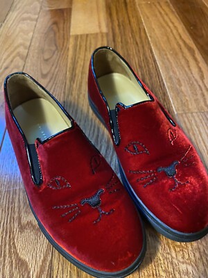 Charlotte Olympia “Cool Cats” Red Velvet Slide On Sneakers Shoes
