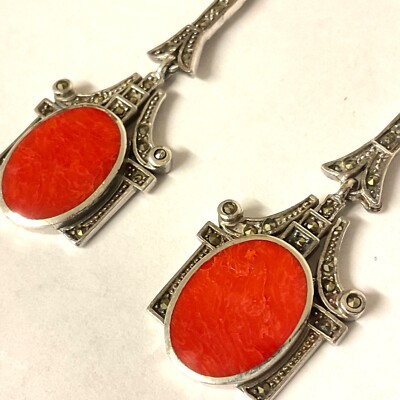Ohrhänger Sterlingsilber rote Koralle oval Markasiten 20er Jahre Art Deco Stil