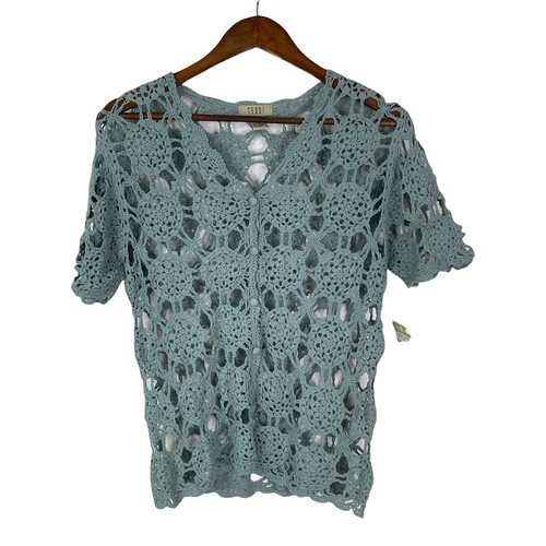 Teddi Sweater Womens Sz M Open knit cardigan v-neck buttons short sleeve A60 | eBay