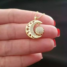 Round Cut Simulated Diamond Moon/Sun Pendant Chain In 14k Yellow Gold Plated