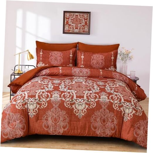 7 Pieces Comforter Set Size, Damask Bed in a Bag for Bed, Queen Terracotta