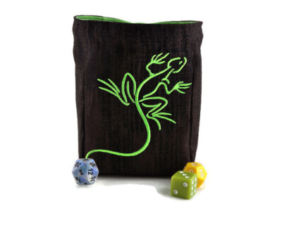 Dice Bag, Tree Gecko done in UV Thread