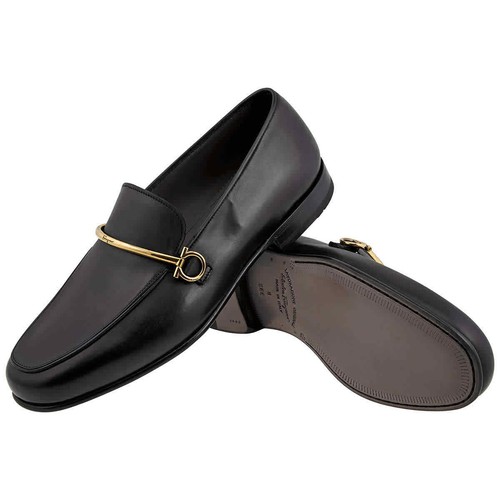 Salvatore Ferragamo Mens Black Moccasin with Gancini Ornament, Brand Size 6