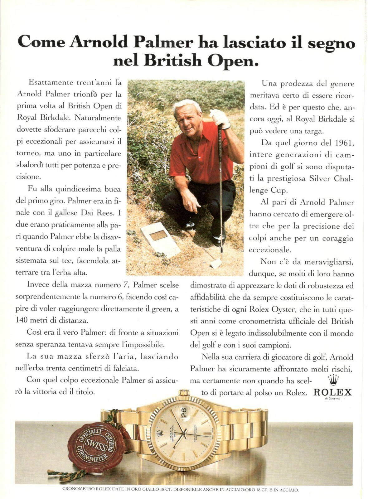 ROLEX OROLOGIO oyster perpetual ORO DATE ARNOLD PALMER Pubblicità 1 pagina solo