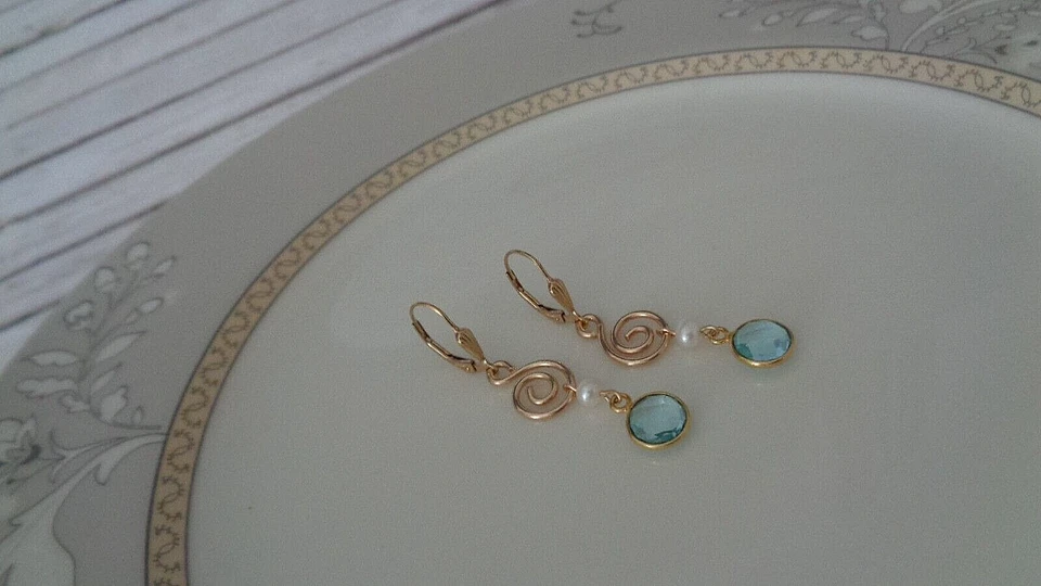 Gold Ohrringe Blautopas und Perle 14K GF - Bild 3 von 4