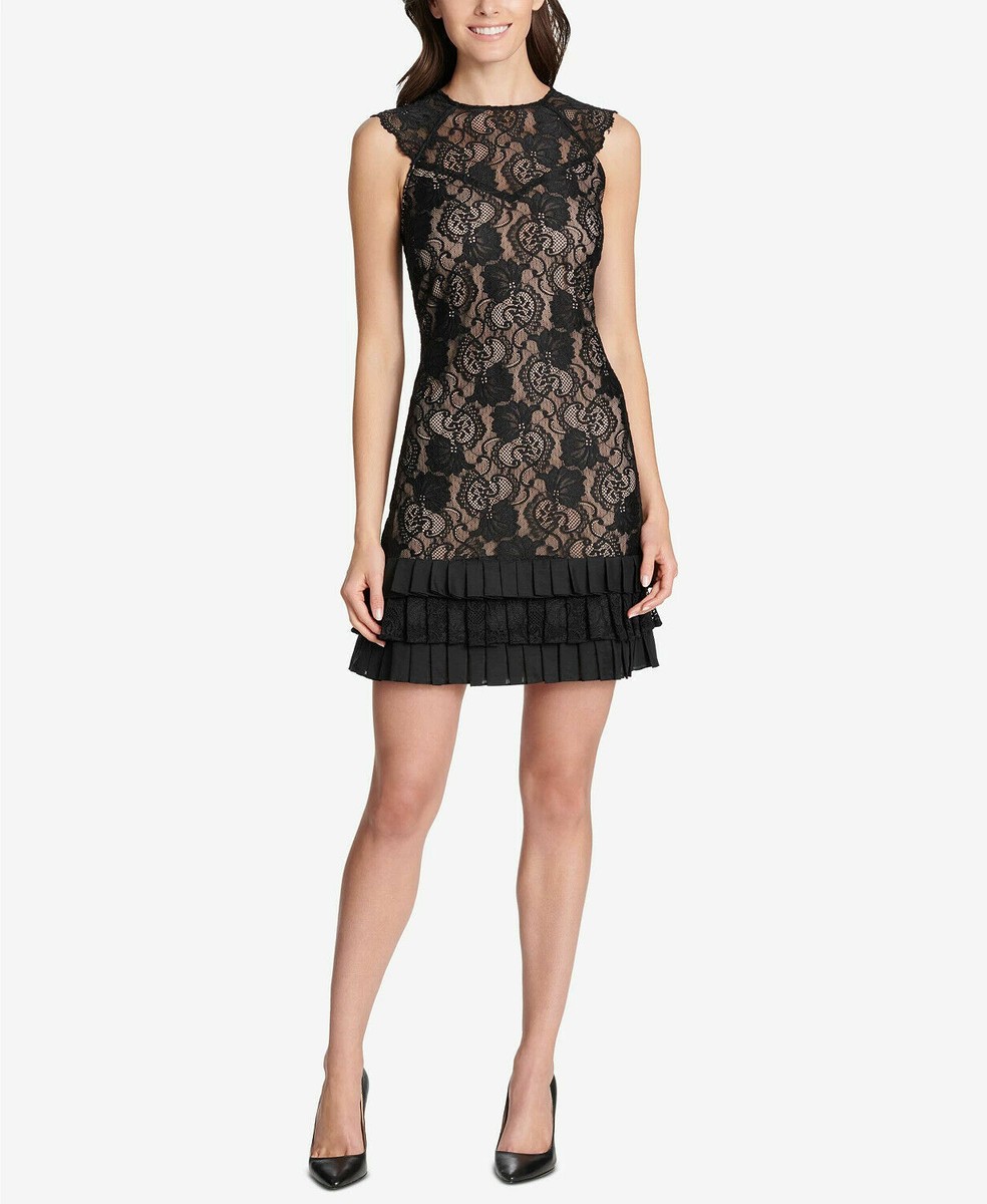 chinese dress ladies Kensie Women's Thick Stretch Twill Dress Lace Sleeve and Popover, Black, M  at Amazon Women's Clothing store
