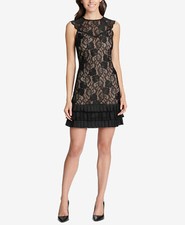 Kensie Dress Black Nude Allover Lace Ruffled Hem A-Line Sleeveless Womens 2 $128
