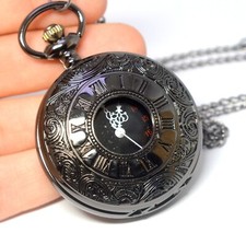 BLACK RHODIUM PLATED PATINATED PATTERN CASE QUARTZ POCKET WATCH WITH CHAIN