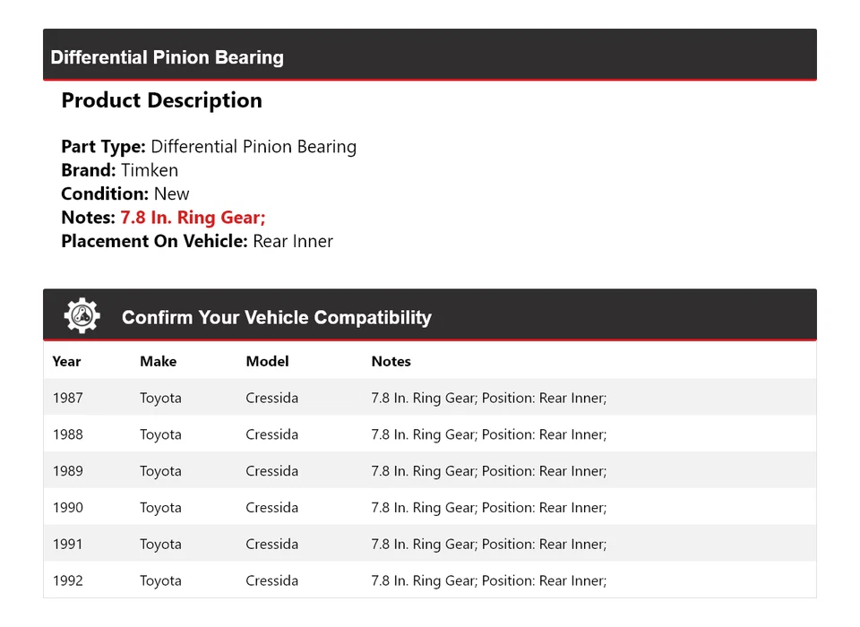 Cojinete de piñón diferencial trasero Timken 1988 para Toyota Cressida 1987-1992 Foto 2 de 4