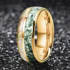 8MM Moss Agate and Crushed White Opal Inlay Men Women Tungsten Carbide Ring Band