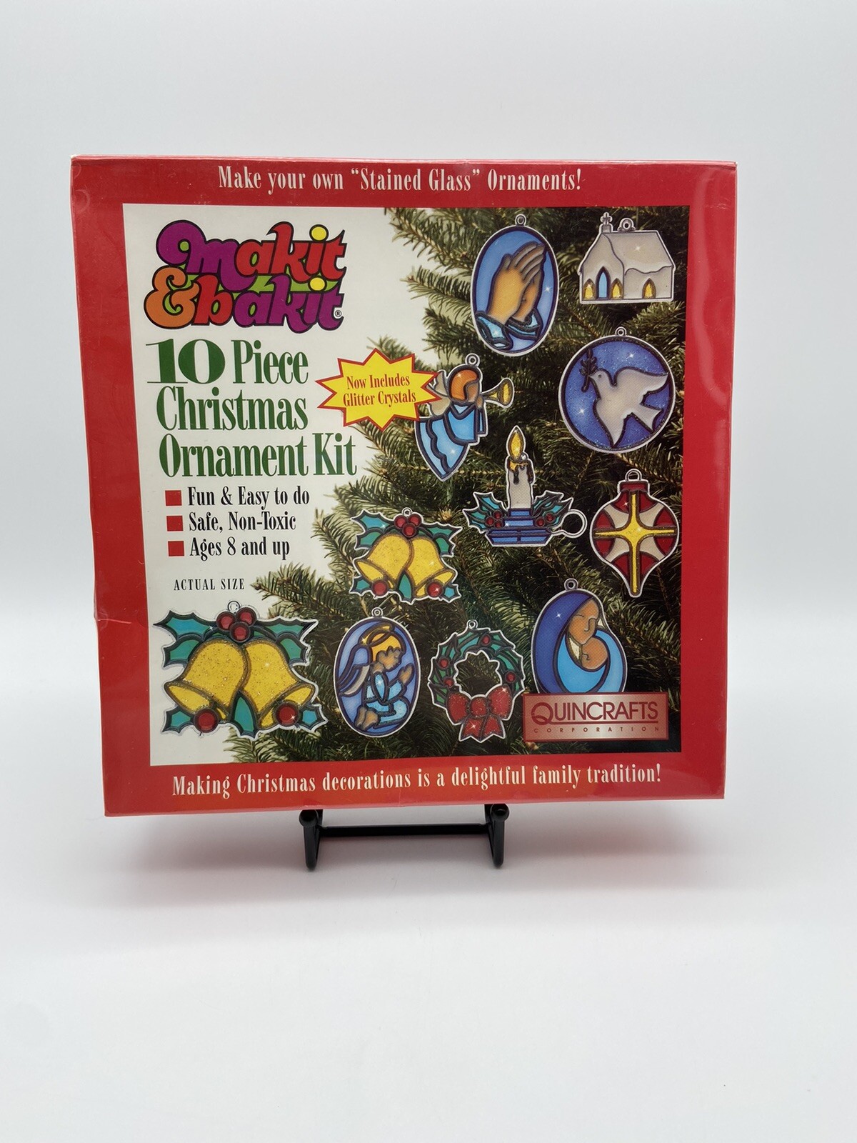 Vintage Makit & Bakit 10 Piece Stained Glass Christmas Tree Ornament Kit NEW
