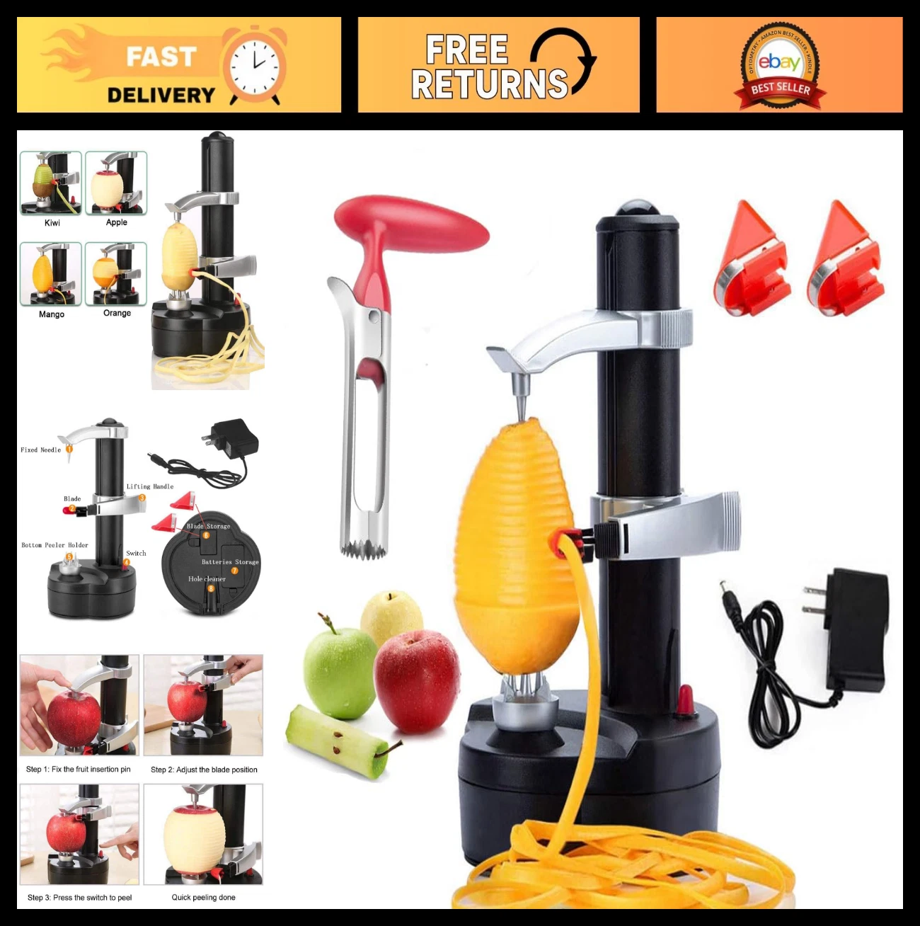 Automatic Electric Potato Peeler Machine for Fruits & Vegetables, 3 Blades & Cor