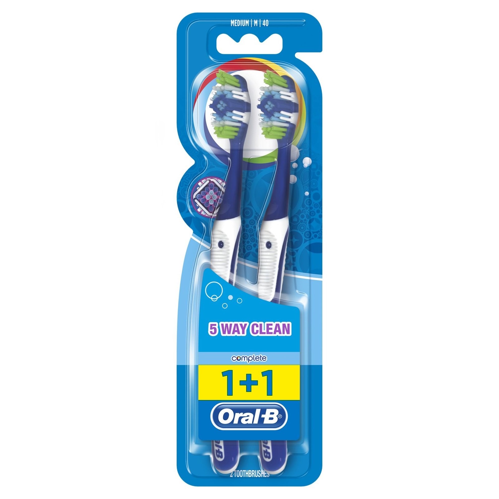 Brosse à dents moyenne à 5 actions de nettoyage Clean Brosse, tête ergonomique, pack de 2 pièces