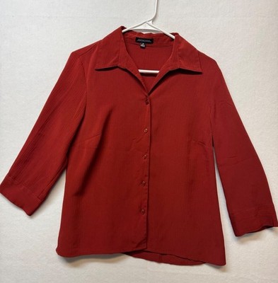 Notations Womens Red Button-Up Blouse M Textured Fabric Collared 3/4 Sleeve Top