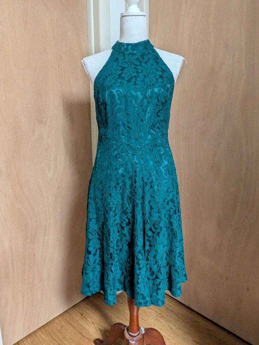 Eliza J Emerald Green Lace Halter Midi Dress Fit & Flare Size 6 Wedding  Guest | eBay