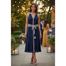 Tory Burch Navy Embroidered Midi Dress Linen Tassel Luxury Mediterranean Sz 2