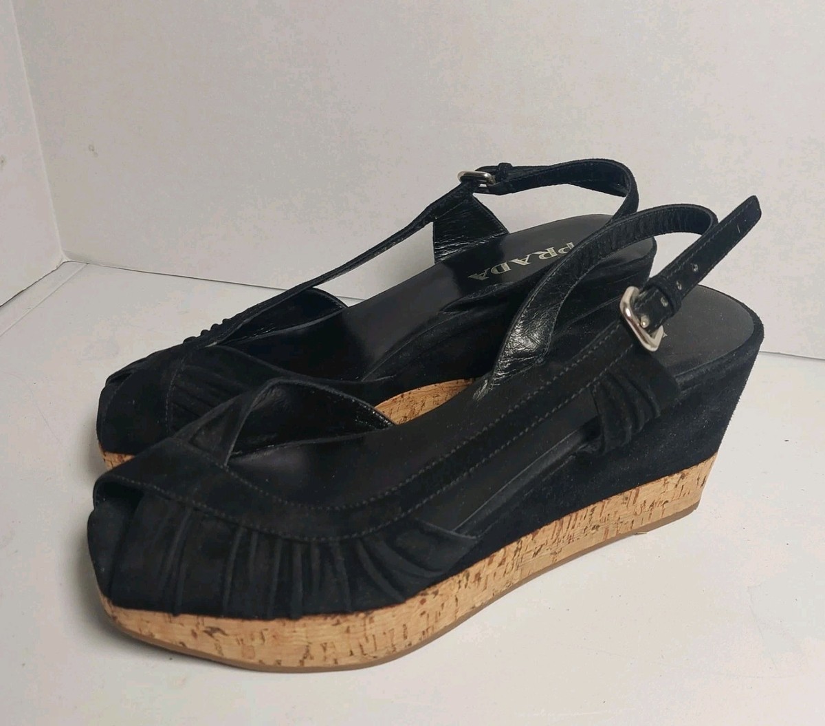 Prada Black Suede Leather Cork Wedge Slingback Sandals Shoes Size