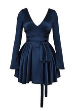 House of CB DOMINIQUE Satin Navy Plunge Mini Dress Ballet Silhouette Size XS