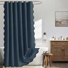Navy Blue Scalloped Shower Curtain Linen Textured with 12 Metal Hooks Cute Heavy