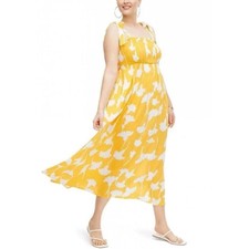 Diane von Furstenberg DVF Target Smocked Tie Strap Ginkgo Yellow Midi Dress 2X