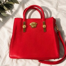 Versace Red Pebbled Top Handle Satchel, Detachable Strap, Zip, Gold Logo
