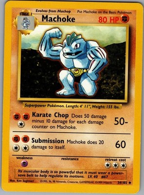 Machoke 34/102 Uncommon Base Set Unlimited Pokemon Lightly Played