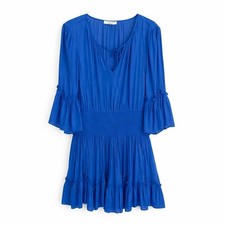 Halston Heritage Blue Silk Chiffon Smocked Waist Mini Dress Large Boho Ruffle