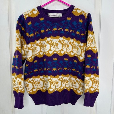 Vintage Cat Print  Sweater Womens M Crewneck Knit Pullover Vtg 90s Adell Barre 